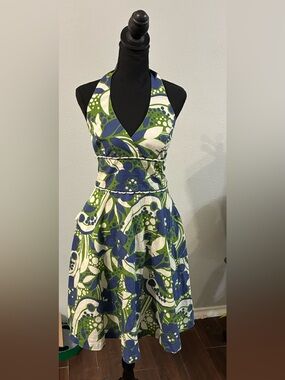 Lilly Pulitzer Blue, Green and White One-Shoulder Halter Dress